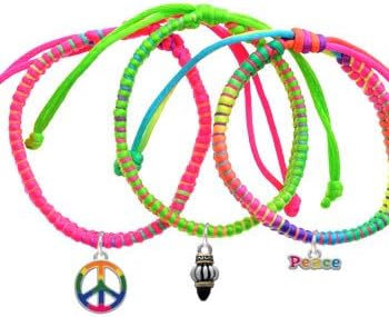 Two Tone Silver Drop with Black Cap Neon Peace Macrame Friendship Bracelets (Set of 3)