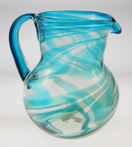 Mexican Glass Margarita or Juice Pitcher, Turquoise Swirl Design