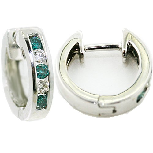 14K WHITE GOLD HUGGIES EARINGS WITH WHITE AND BLUE DIAMONDS-FREE SHIPPING