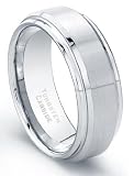 8 mm Tungsten Carbide Ring Beveled Grooved Edges Brushed Polished Finish Comfort Fit