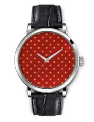 SPRAWL Aanalog Fashion Series Silver Ladies Watches of Genuine Black Leather Strap,Unique Wrist Watch for Women Girls Designed with Yellow dots on red background