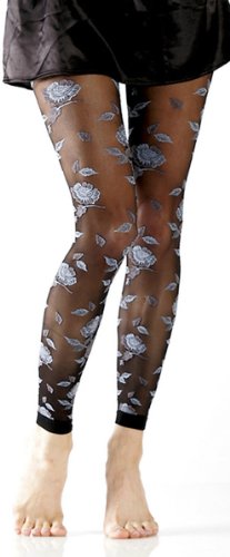 Black with Blue and Grey Lace Leggings/footless Tights By Foot Traffic