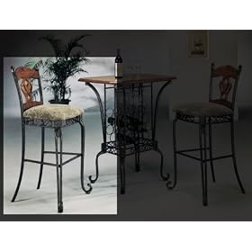 Set of 2 Bar Chairs - Wrought Iron Frame, Wood Seat Back and Upholstered Seats by Acme Furniture