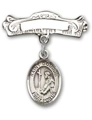 Sterling Silver Baby Badge with St. Dominic de Guzman Charm and Arched Polished Badge Pin