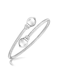 Sterling Silver Rhodium Plated Cuff with Cubic Zirconia Accented Round Ends