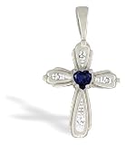 14K White Gold Genuine Heart Sapphire and Diamond Cross Pendant