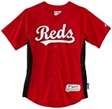 MLB Boys' Cincinnati Reds Short Sleeve Authentic Button Front Cool Base Batting Practice Jersey (Scarlet/Black, Large)