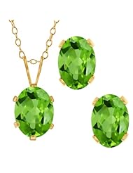 2.75 Ct Oval Green Peridot Gold Plated Silver Pendant Earrings Set