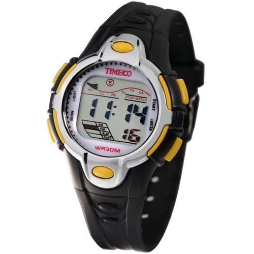 Time100 Kids' LCD Cold Light Multifunction Black Strap Yellow Button Digital Watches#W40009L.02A