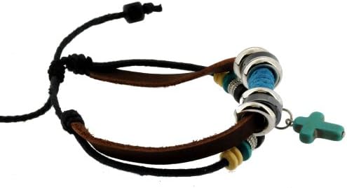 Unisex Horizontal Sideways Christian Cross Charm Leather Bracelet