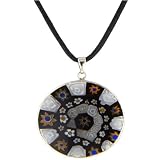 Black White Millefiori Murano Glass Necklace Pendant