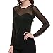 Seamless Sheer Long Sleeve Mesh Sweetheart Neckline Blouse Top Shirt (Black)