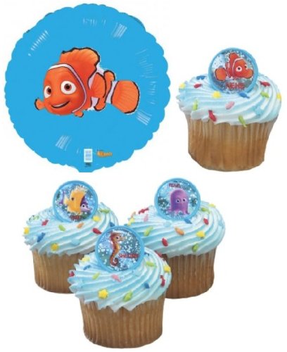 24 Disney Nemo and Friends Cupcake Rings with Mylar Balloon - Bundle