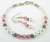 October Rose (MEDIUM Pink Opal) Gold Filled Birthstone Swarovski Crystal Beaded Pearl Braceletss and Earrings Sets
