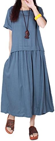 ArtCar Short-sleeved Linen Cotton Summer Dress Elegance Girl's Round Neck Dresses Blue XL