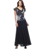 J Kara Petite Gown, Short Sleeve Floral Beaded Bodice
