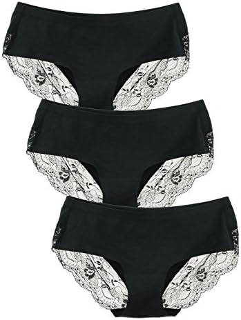 Liqqy Women's 3 Pack Cotton Lace Coverage Seamless Brief Panty (X-large, Black)