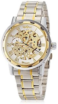 Watch Magasin Men's Elegant Skeleton Hollow Dial Steel Band Mechanical Hand Wind Wrist Watch (Assorted Colors)