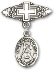 Sterling Silver Baby Badge with St. Frances of Rome Charm and Badge Pin with Cross