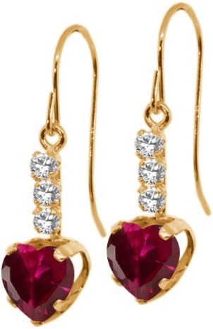 2.10 Ct Heart Shape Red Created Ruby 14K Yellow Gold Earrings 18" Chain