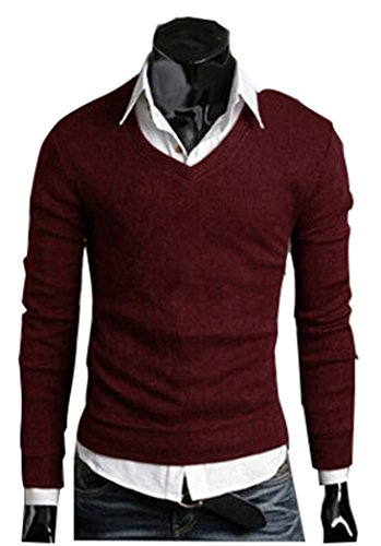 It's WOW Mens V Neck Long-sleeved Casual Fall Slim Fit Cashmere Sweater