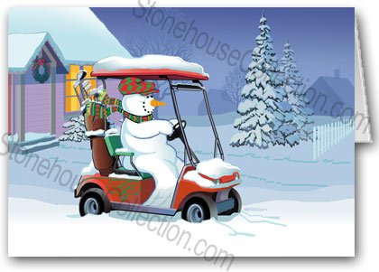 Snowman in Golf Cart Holiday Card - 12 cards/13 envelopes On Sale