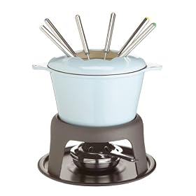 Kitchen Craft Cast Iron Enamelled Fondue Gift Set with Six Forks - Light Blue