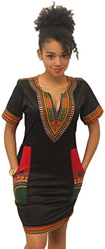 Women Bohemian V Neck Vintage Printed Ethnic Style Summer Shift Dress (S, Black-Red)
