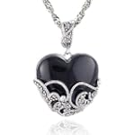 Sterling Silver Marcasite and Onyx Heart Pendant, 18"