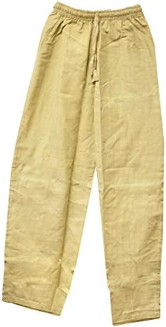 Drawstring Pocketless Solid Cotton Summer Pants, Bohemian Yoga Pants (M, Tan)