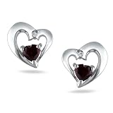 Sterling Silver, Diamond and Garnet Heart Shaped Earrings, (.01 cttw, GH Color, I2-I3 Clarity)