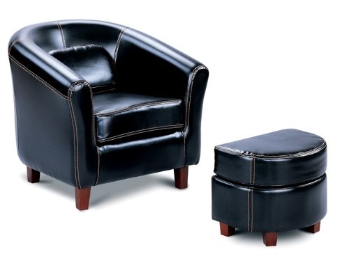 Kitchen: Black leather like childs size club chair and ottoman
