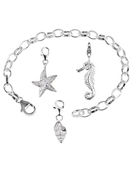 VINANI brand Germany 925 Sterling Silver Charm Bracelet Topic Sea with 3 charm pendants Shell Starfish Seahorse 19,5 cm (7.5") BME