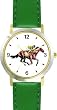 Thoroughbred Racehorse and Jockey Horse - WATCHBUDDY&reg; DELUXE TWO-TONE THEME WATCH - Arabic Numbers - Green Leather Strap-Women's Size-Small