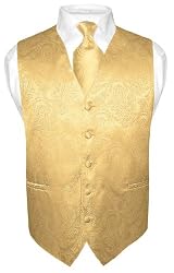 Men's Gold Color Paisley Design Dress Vest and NeckTie Set for Suit or Tuxedo