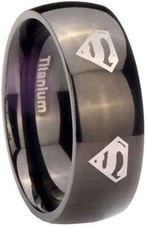 8MM Titanium Four Superman Black Dome Men's Ring Size 12
