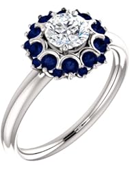 Platinum Round Cut Diamond and Sapphire Flower Inspired Ring -- LIFETIME WARRANTY