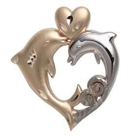 14k Yellow Gold and Rhodium Heart Charm w/ Dolphins