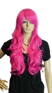 Qiyun Long Rose Pink Red Wavy Curly Ramp Bang Cosplay Synthetic Hair Full Wig