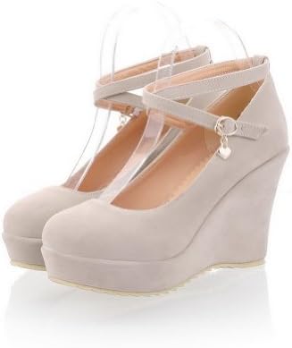 AmoonyFashion Womens Closed Round Toe High Heel Platform Wedges PU Frosted Solid Pumps with Buckle, Beige, 4.5 B(M) US
