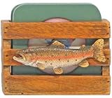 Rustic Coaster Set With Trout Fish On Holder And Fishing Flies Designs On 6 Coasters 4.25"