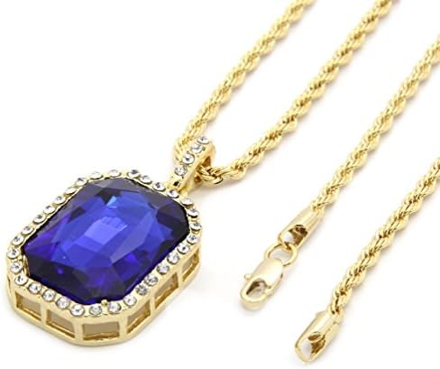 TDmall Men Gold Tone Iced Out Blue Ruby Octagon Pendant Hip-Hop 24" Rope Chain M3