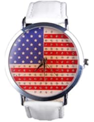 Oulm Unisex Quartz Watch American Flag Dial Leather Cuff Color White