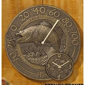 14 Aluminum BASS Fish Wall THERMOMETER CLOCK by WHITEHALL PRODUCTS French Bronze Finish by Whitehall