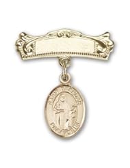14K Gold Baby Badge with St. Brendan the Navigator Charm and Arched Polished Badge Pin