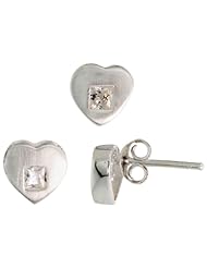 Sterling Silver Matte-finish Heart Earrings (8mm tall) & Pendant Slide (9mm tall) Set, w/ Princess Cut CZ Stones