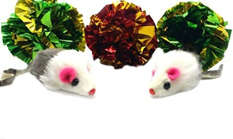 Cat Play Pack! 3 Mylar Crinkle Balls, 2 Real Rabbit Fur Rattle Mice Fun Cat Toys!