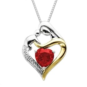 Sterling Silver and 14k Gold Ruby Heart Mom Pendant Necklace, 18 by 