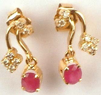 Faceted Ruby Earrings with Diamonds - 14 K Gold