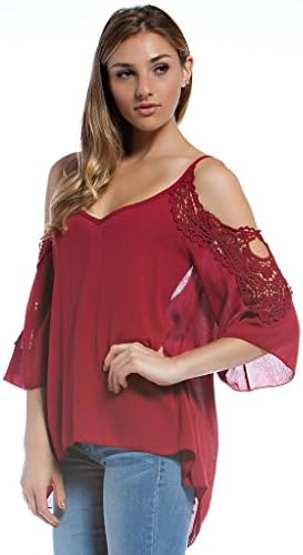 Orange Creek Women's Crochet Cold Shoulder Lace Crinkle Chiffon Blouse Burgundy Medium